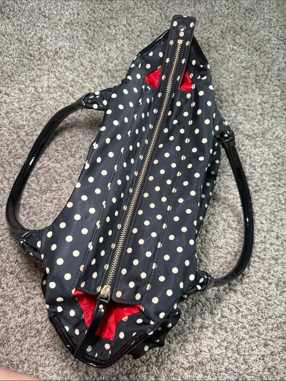Kate Spade Stevie polka dot nylon Purse bag black patent leather handles